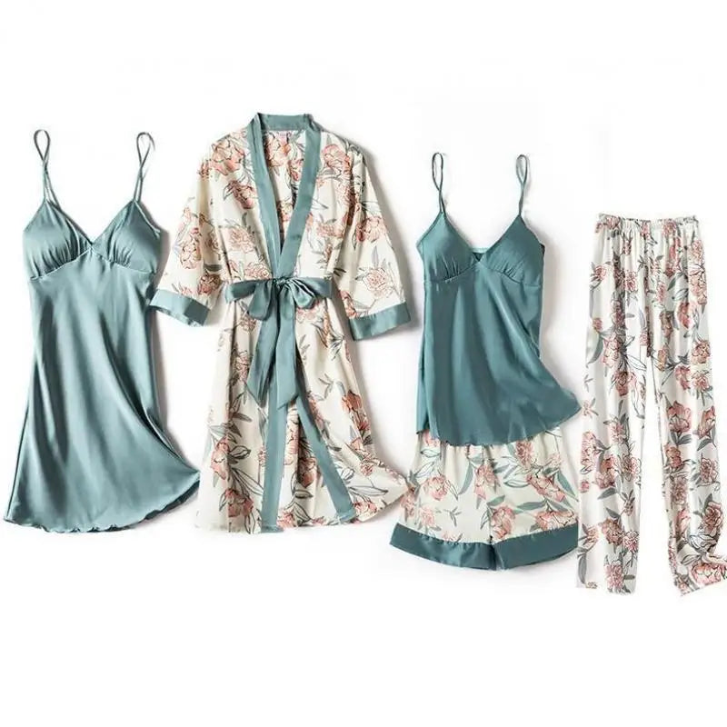 Women Satin Print Flower Robe Sleepwear