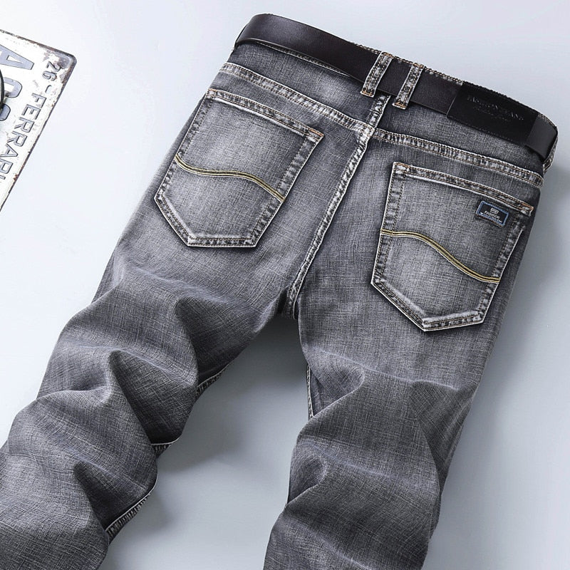 Men Grey Thin Straight Stretch Denim Jeans