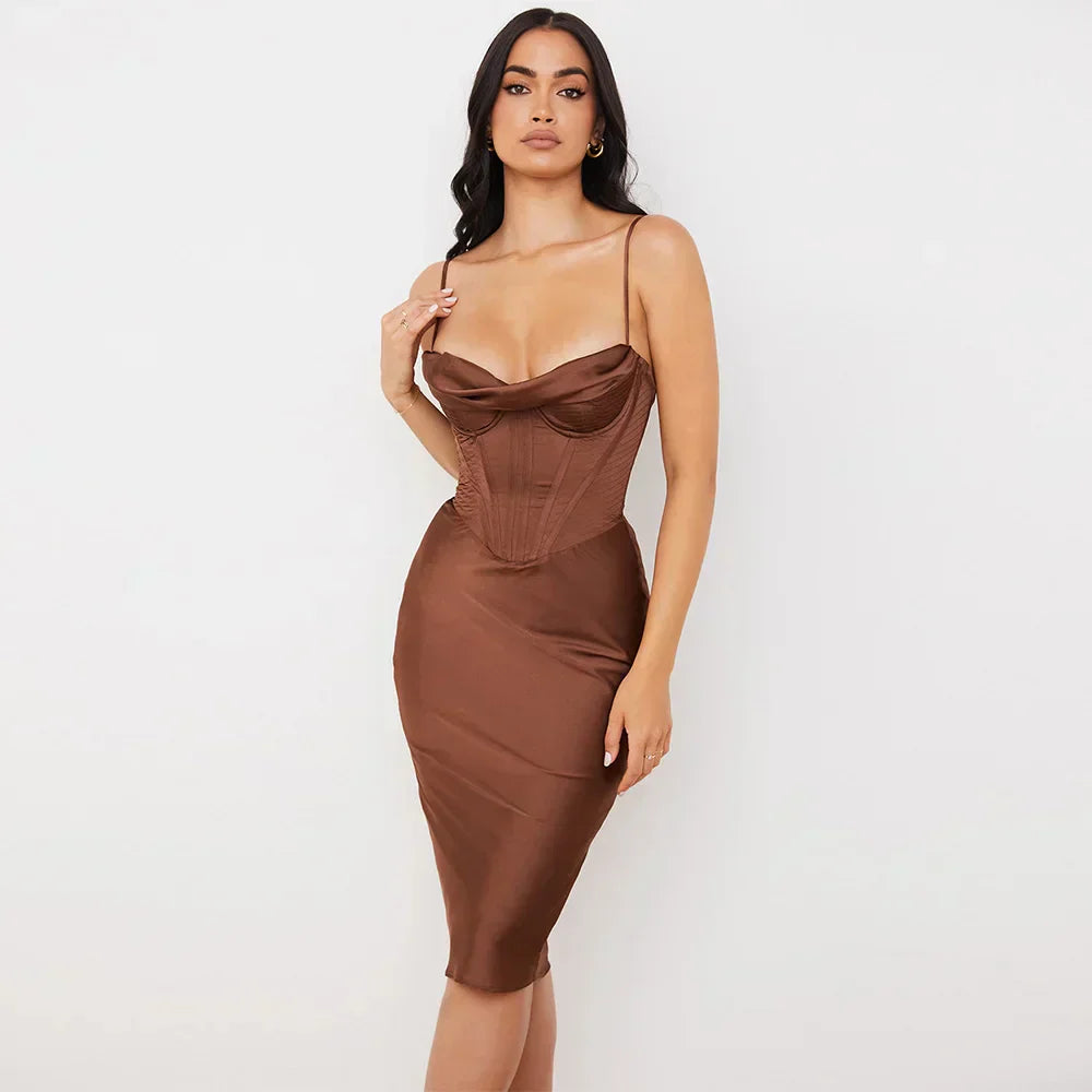 Women Elegant Satin Deep V Sleeveless Midi Dress
