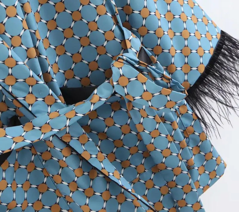 Women Print Kimono Jacket with Feather Detail Co Ords