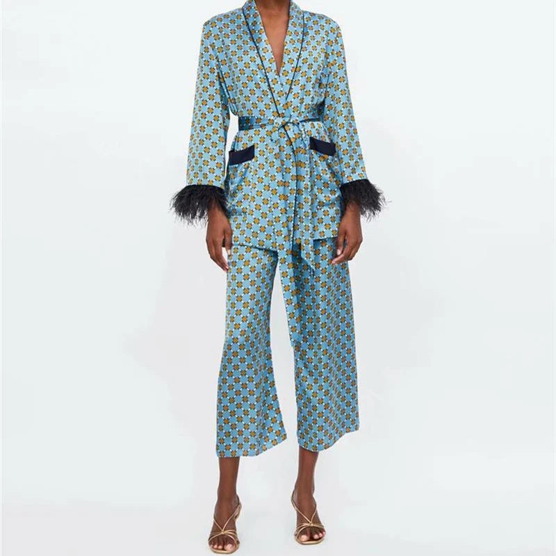 Women Print Kimono Jacket with Feather Detail Co Ords