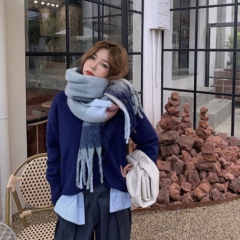 Women Cashmere Plaid Tassels Shawl Scarf