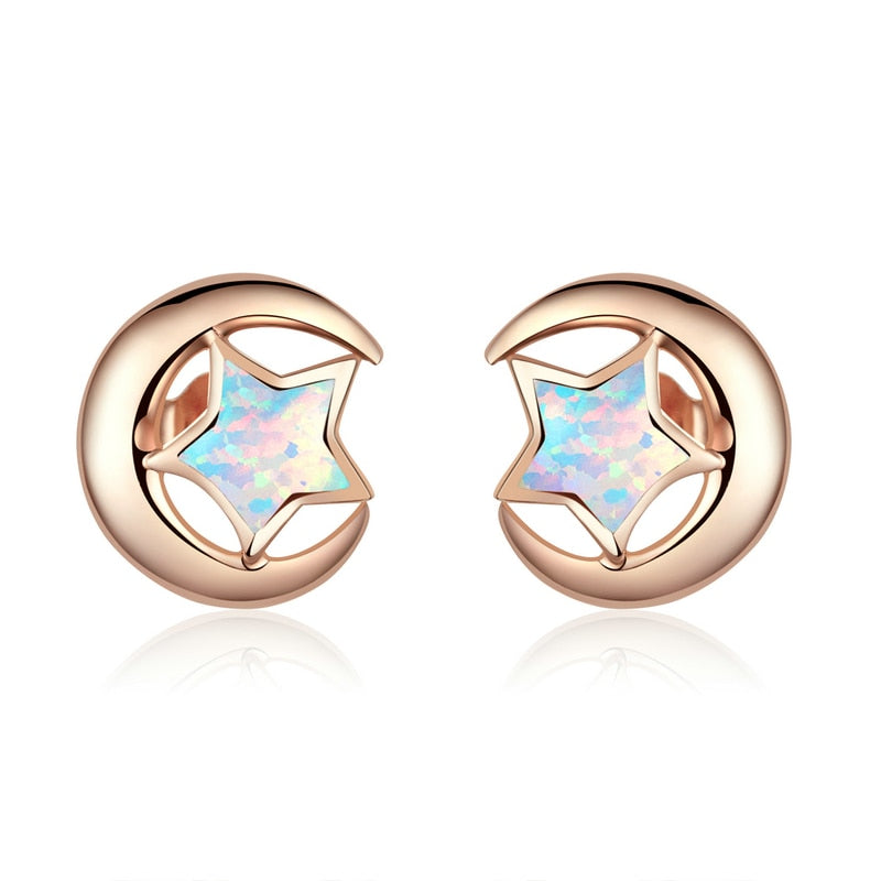 Sterling Silver 925  Moon and Star Opal Stud Earrings