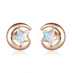 Sterling Silver 925  Moon and Star Opal Stud Earrings