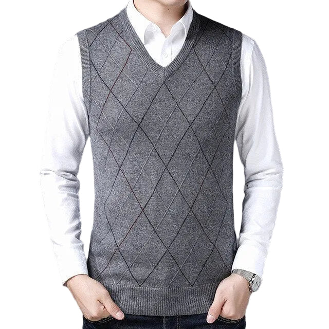 Men V-Neck Sleeveless Knitted Cashmere Wool Sweater Vest
