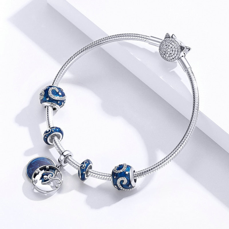 Sterling Silver 925 Blue Charms Beads Fit Bracelets