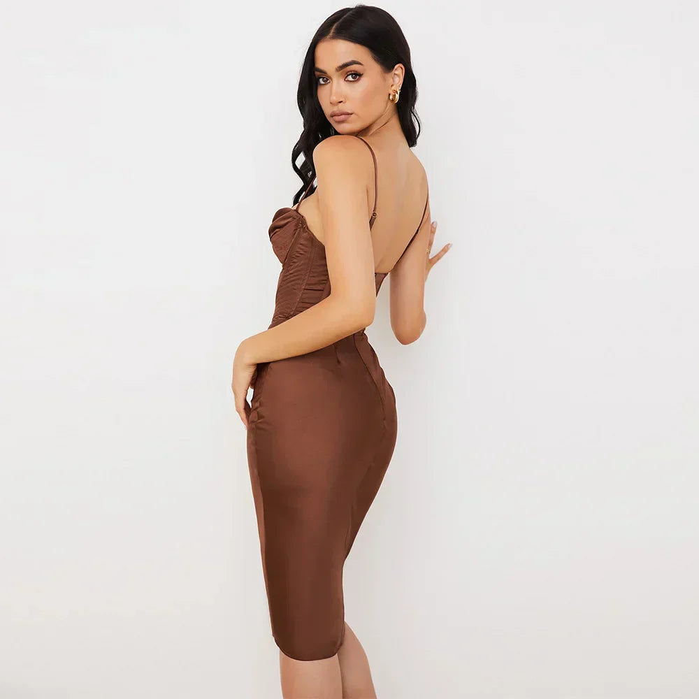 Women Elegant Satin Deep V Sleeveless Midi Dress