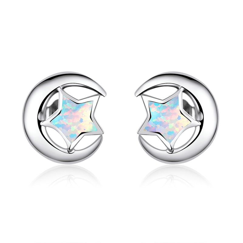 Sterling Silver 925  Moon and Star Opal Stud Earrings