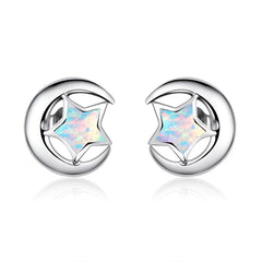 Sterling Silver 925  Moon and Star Opal Stud Earrings