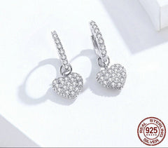 Sterling Silver 925 Shining Heart Dangle Earrings Zircon Drop Earrings