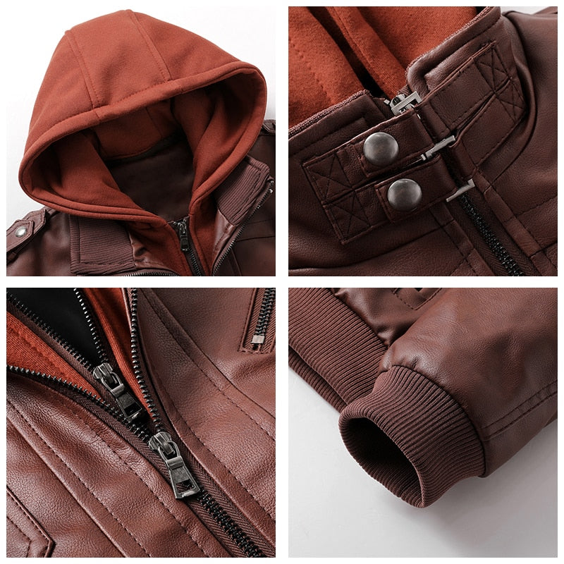 Men Winter Leather Hooded Motorcycle Jacket