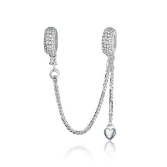 Sterling Silver 925 Women Heart Lock + Key Dangle Charm Bracelet