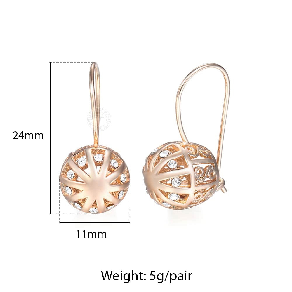 Woman Rose Gold Zircon Dangle Ball Earrings