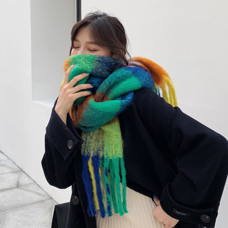 Women Cashmere Plaid Tassels Shawl Scarf