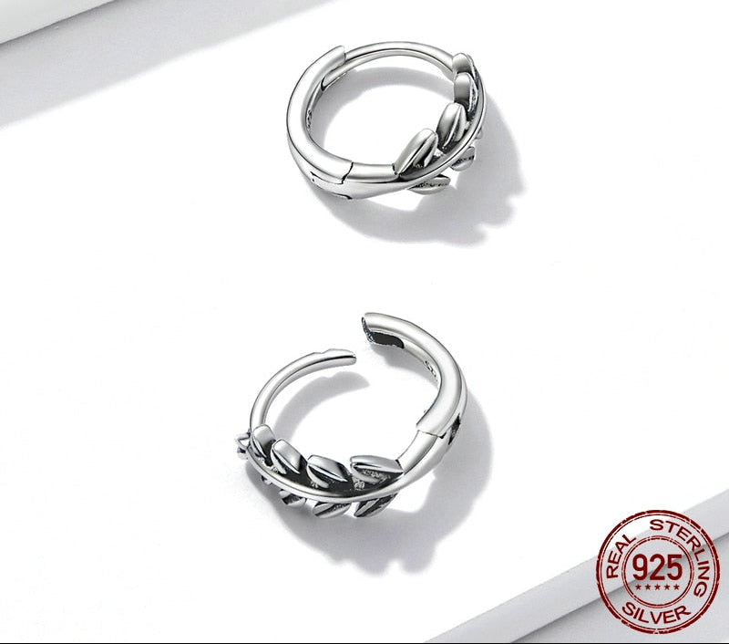 Sterling Silver 925 Leaf Ear Buckles Hoop Earrings