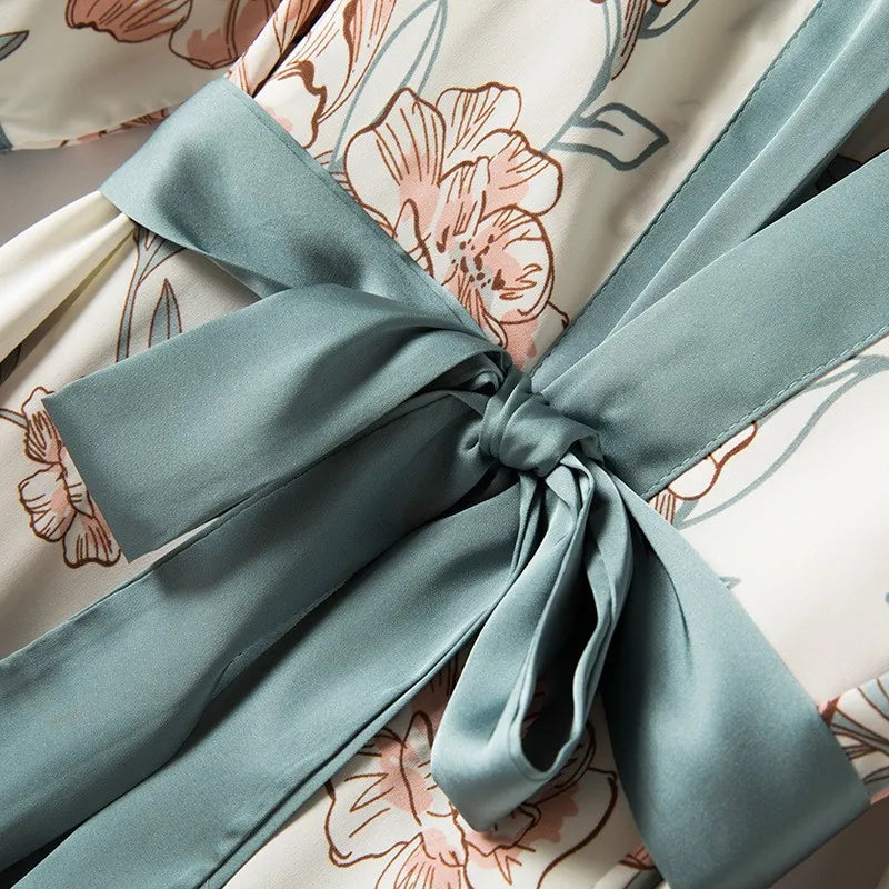 Women Satin Print Flower Robe Sleepwear