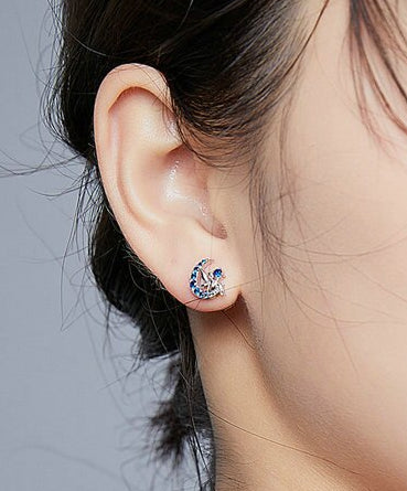 Sterling Silver 925 Women Fairy Blue Moon Stud Earrings