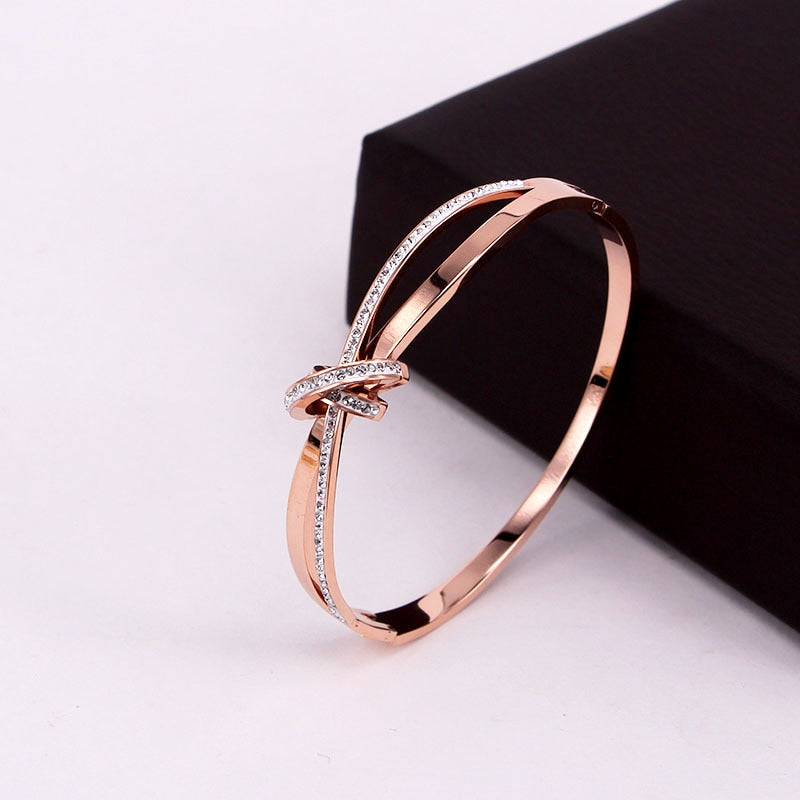 Women Stainless Steel Gold/Rose/ Silver plated Cross Semicircle Zircon Bracelet