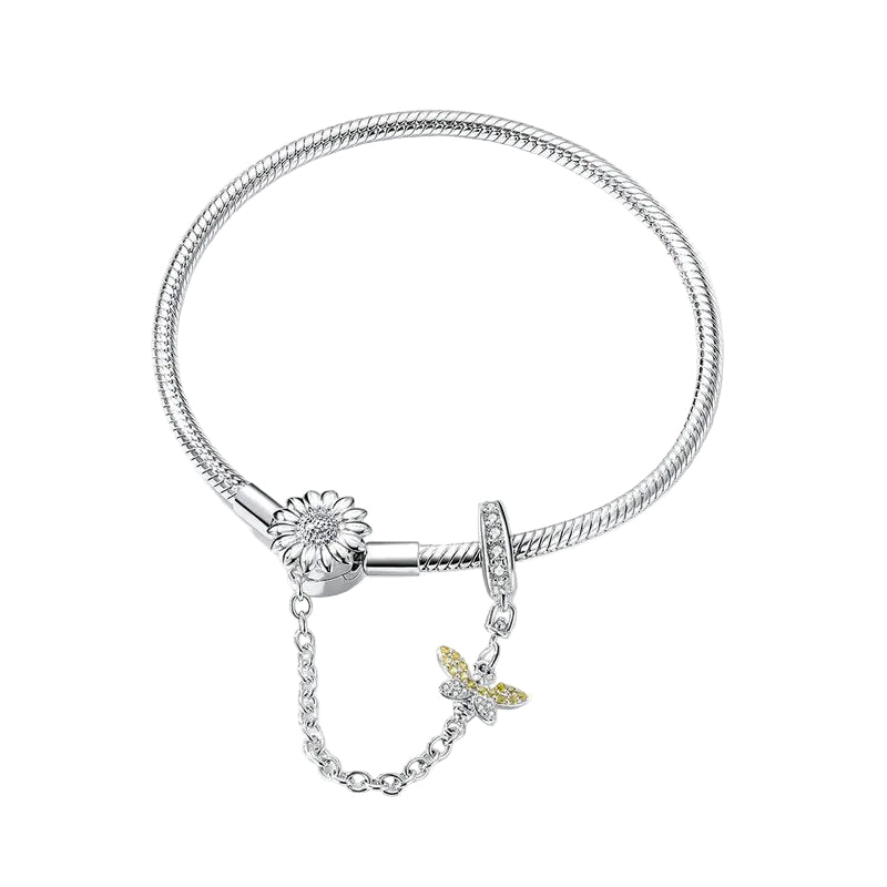 Sterling Silver 925 Women 3mm Snake Charm Bracelet with Sunflower Safety Chain