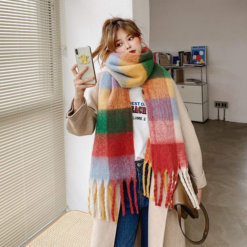 Women Cashmere Plaid Tassels Shawl Scarf