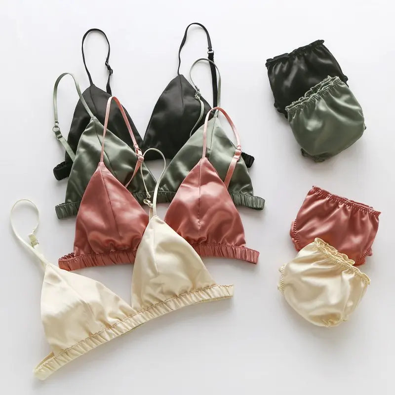 Women Satin Thin Triangle Lingerie Brassiere Set