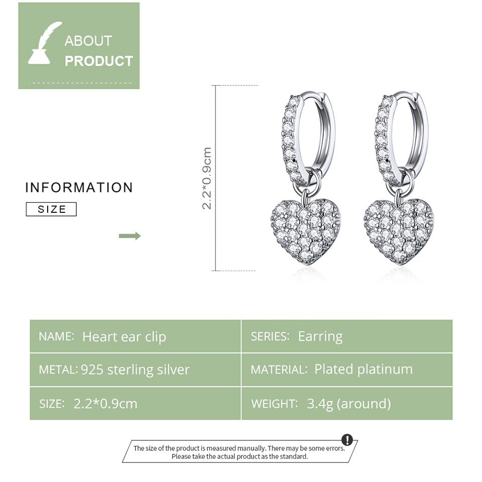 Sterling Silver 925 Shining Heart Dangle Earrings Zircon Drop Earrings