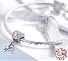 Sterling Silver 925 Heart Bear Pink Cubic Zircon Beaded Charm