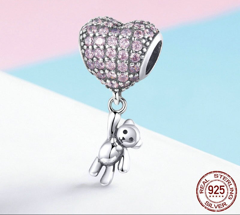 Sterling Silver 925 Heart Bear Pink Cubic Zircon Beaded Charm