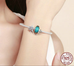 Sterling Silver 925 Daisy Flower Green Glass Charm Bracelet