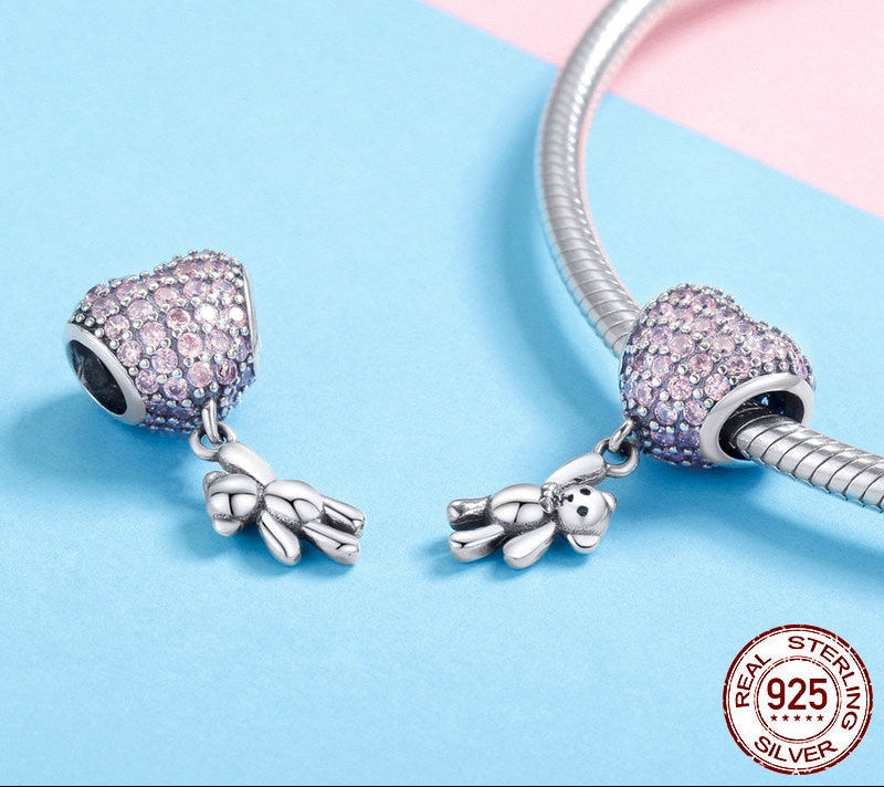 Sterling Silver 925 Heart Bear Pink Cubic Zircon Beaded Charm