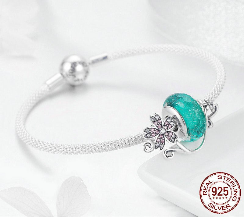 Sterling Silver 925 Daisy Flower Green Glass Charm Bracelet