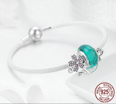 Sterling Silver 925 Daisy Flower Green Glass Charm Bracelet