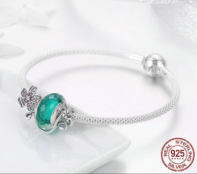 Sterling Silver 925 Daisy Flower Green Glass Charm Bracelet