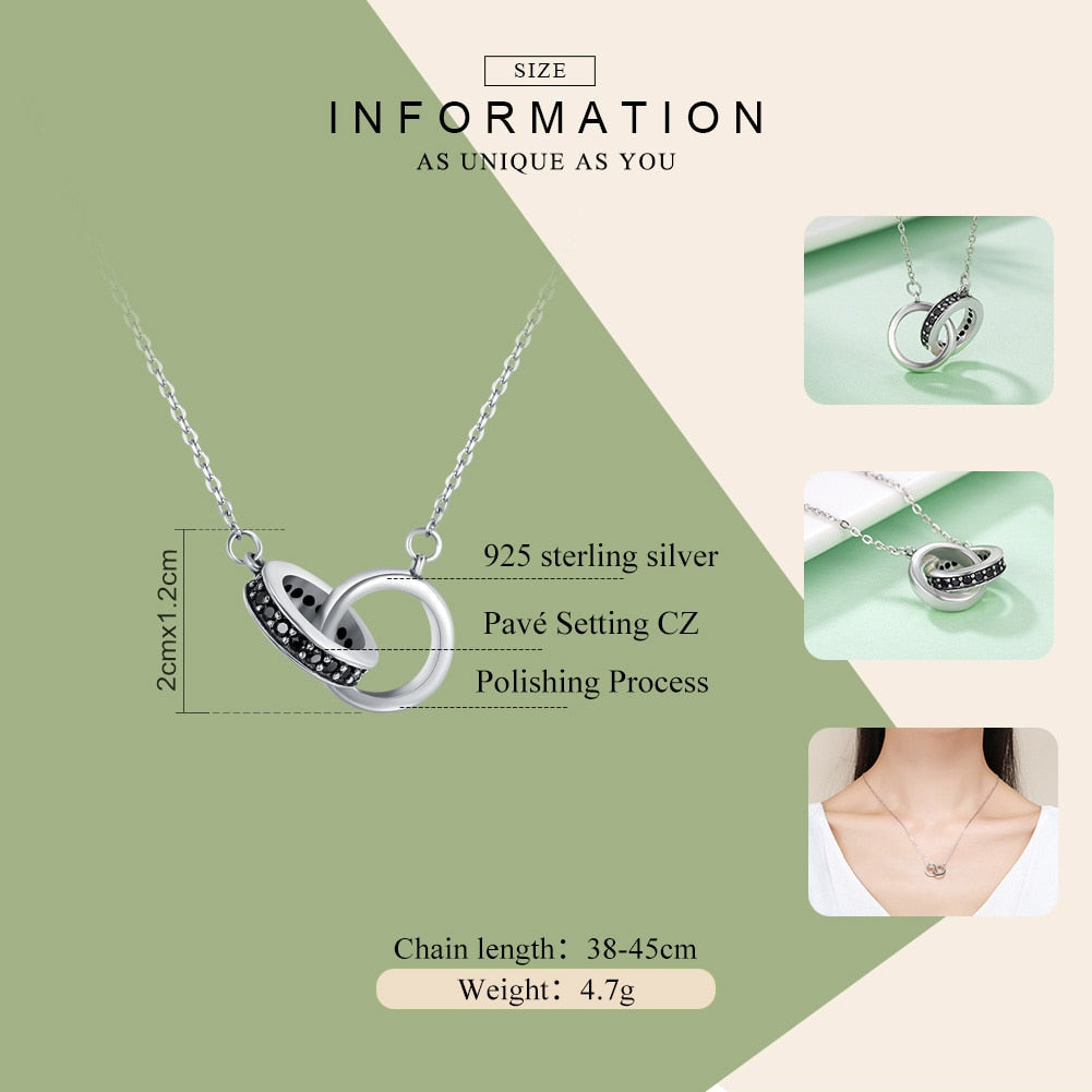 Sterling Silver 925 Minimalist Geometric Double Circle Black CZ Pendant Necklace