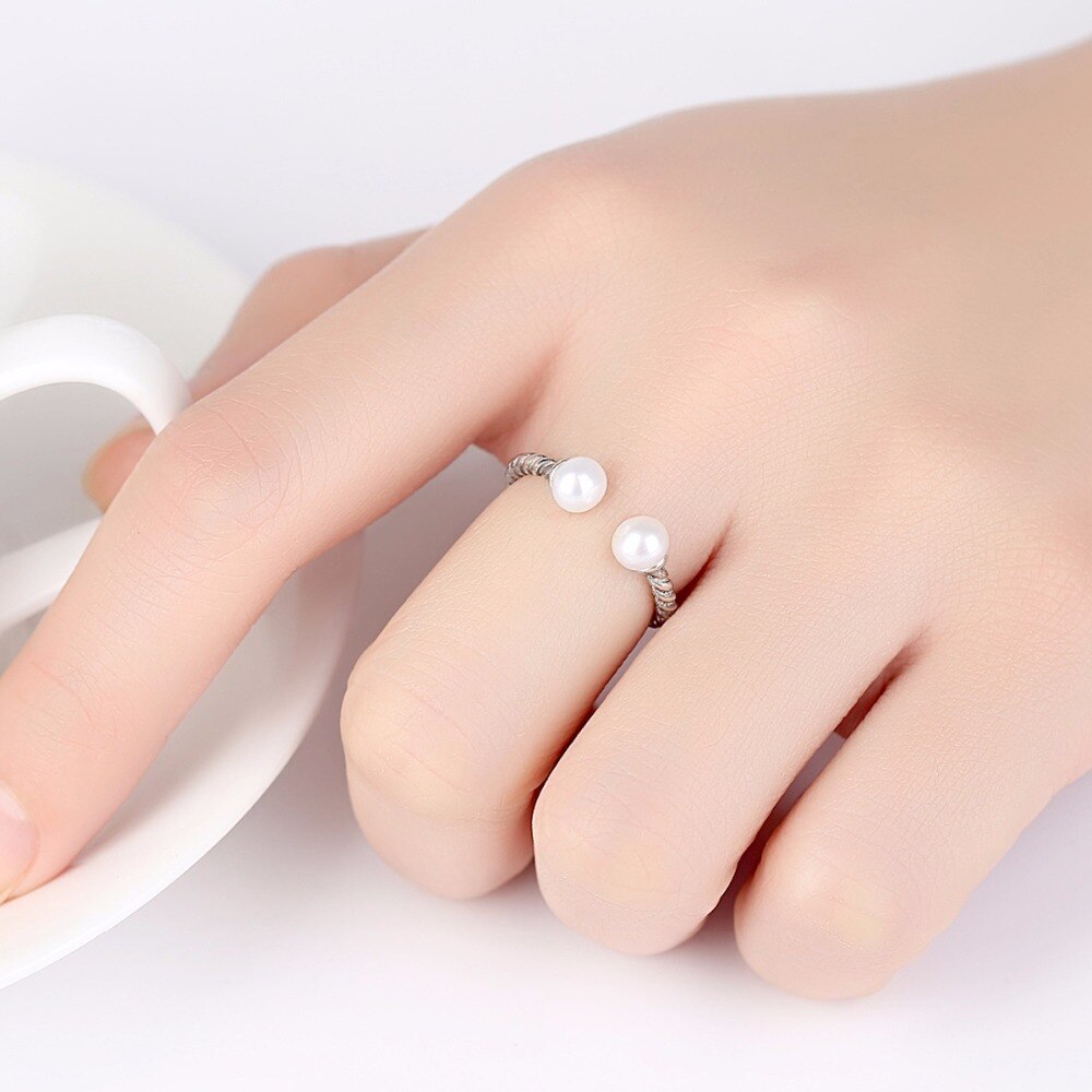 Sterling Silver 925 Twisted Rope Silver Pearl Open Finger Ring