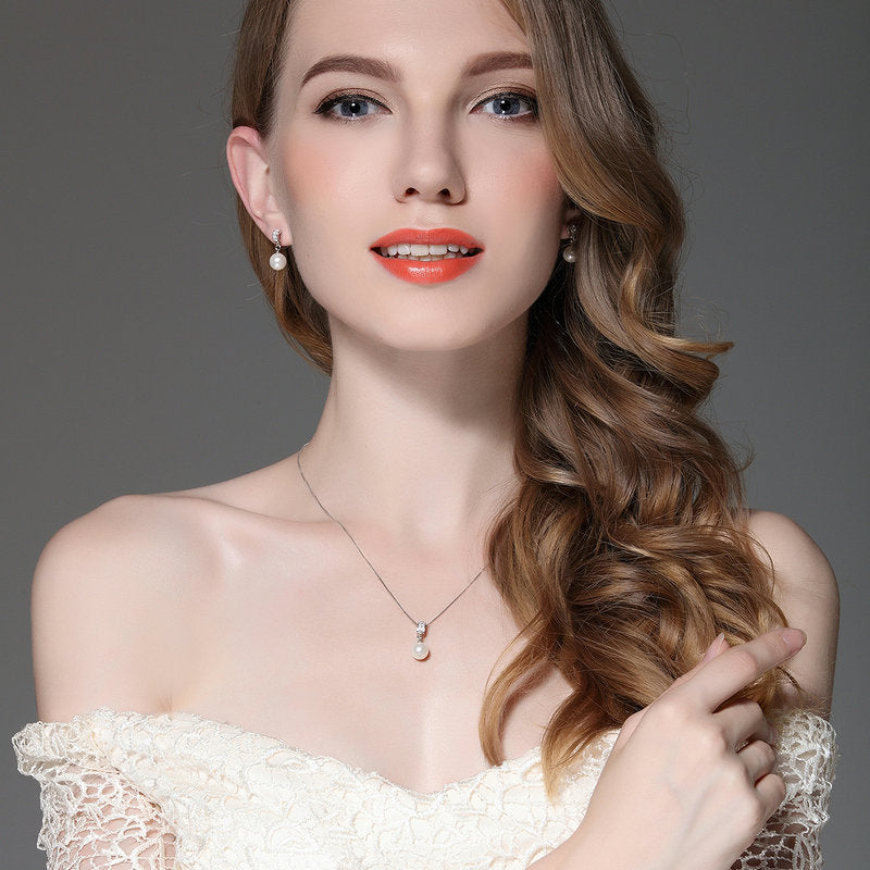 Sterling Silver 925 Simulated Pearl Pendant Necklace Long Chain Necklace