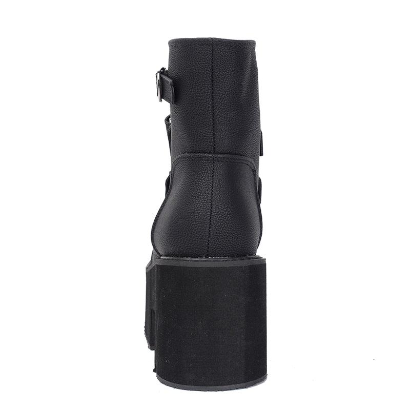 Women Black Leather Ankle Platform Boots