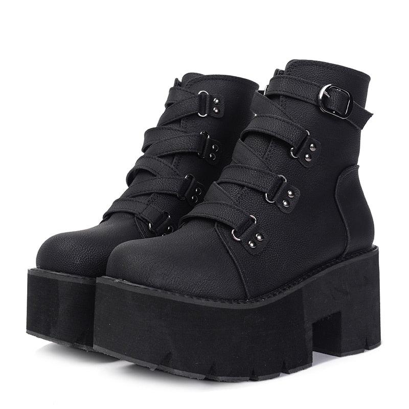 Women Black Leather Ankle Platform Boots