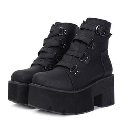 Women Black Leather Ankle Platform Boots