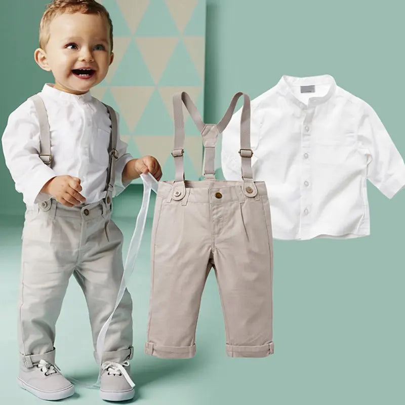 Kids Boys Formal White Shirt +Long Suspender Trousers Outfit