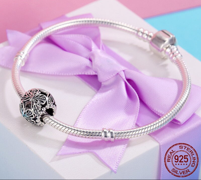 Sterling Silver 925 Stackable Butterfly Round Bead Charm