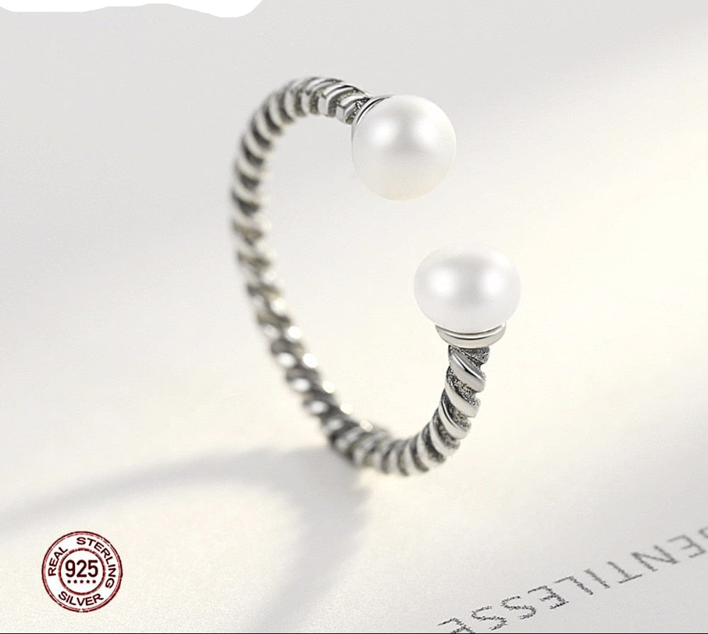Sterling Silver 925 Twisted Rope Silver Pearl Open Finger Ring