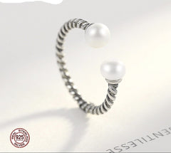 Sterling Silver 925 Twisted Rope Silver Pearl Open Finger Ring