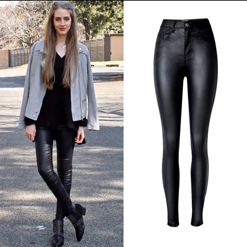 Women Casual High Waist Faux Leather Stretch Jeans
