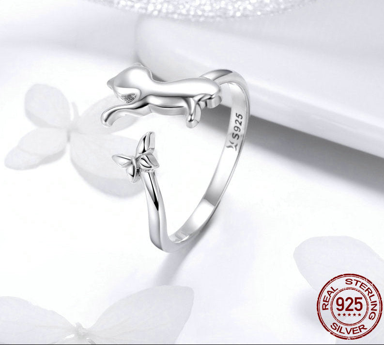 Sterling Silver 925 Butterfly Tail Cat Adjustable Ring