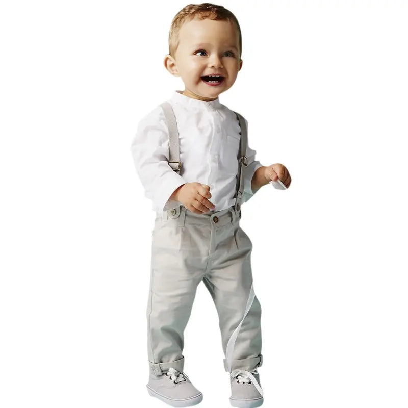 Kids Boys Formal White Shirt +Long Suspender Trousers Outfit