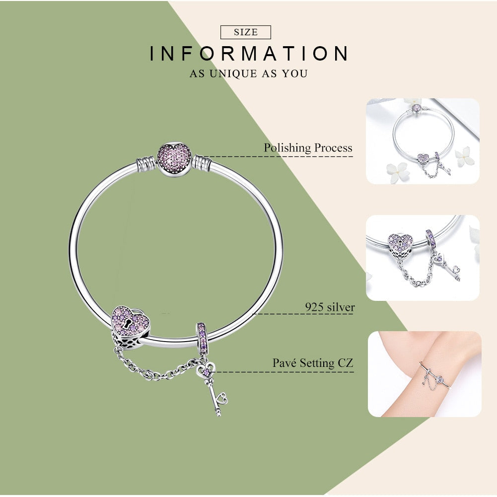 Sterling Silver 925 Pink Heart Lock and Key Bracelet Bangle