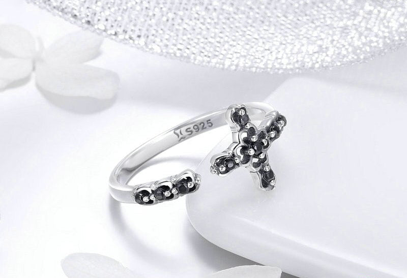Sterling Silver 925 Women Black CZ Faith Cross Rings