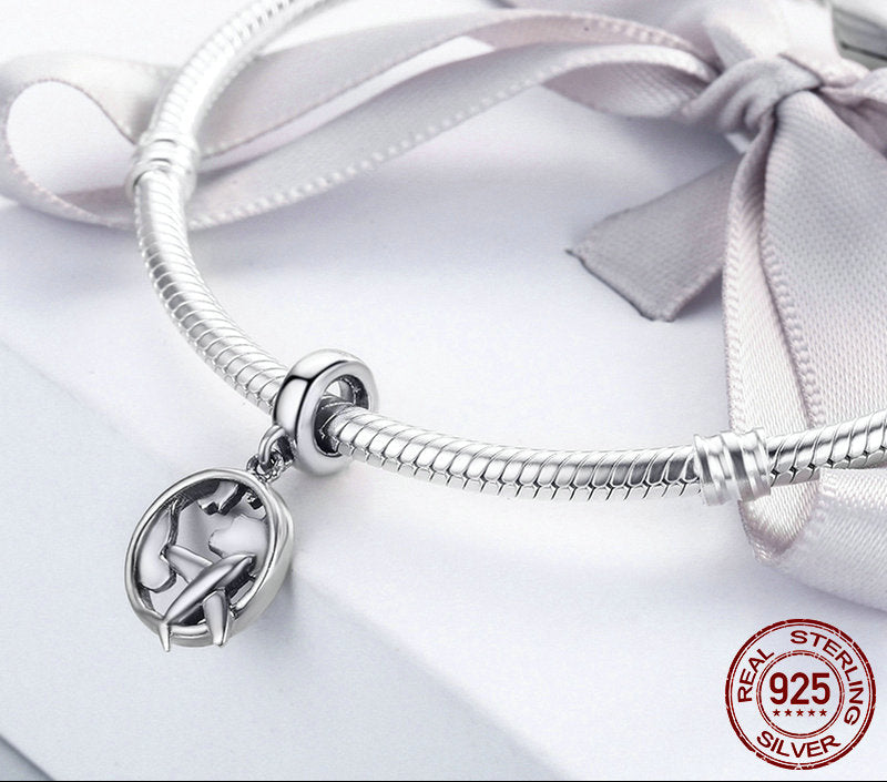 Sterling Silver 925 Traveling Dream Map & Plane Charm Pendant