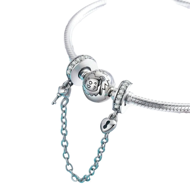 Sterling Silver 925 Women Heart Lock + Key Dangle Charm Bracelet